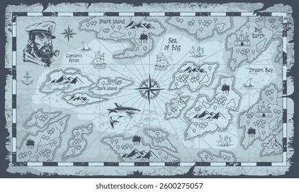 This treasure map features various islands and sea routes including Shark Island and Big Earth with illustrations of ships and animals. The compass rose shows directions for navigation.