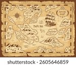 This treasure map illustrates various islands and coastal areas in the Dark Sea region. Landmarks include mountains treasure spots and a sailing ship navigating the waters.