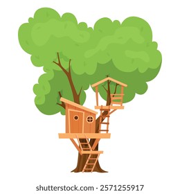 This tree house illustration, surrounded by lush green leaves, features a wooden structure with a ladder leading to a cozy haven, representing imagination and harmony with nature.