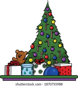 This tree is stuffed with gifts on Christmas morning.  This clip art features a Christmas tree surrounded by wrapped gifts, teddy bears, and candy canes. 