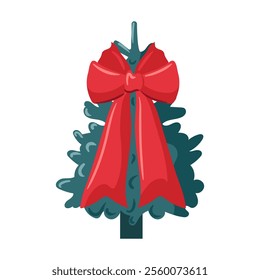 This trendy Christmas tree features a stunning large red bow, beautifully showcasing the joy of the season. The flat style vector illustration emphasizes a modern and festive holiday spirit.