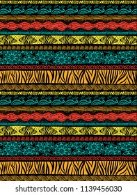 This trendy pattern is influenced from traditional african patterns and colors. Pattern is designed on black background with usage turquoise, coral, yellow, orange
