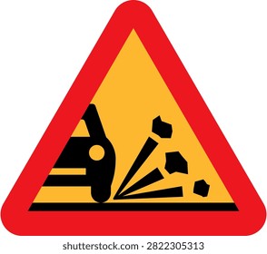 This triangular yellow and red road sign warns drivers of loose chippings or gravel on the road surface. It is ideal for traffic safety manuals, educational materials, or transportation-related designs.