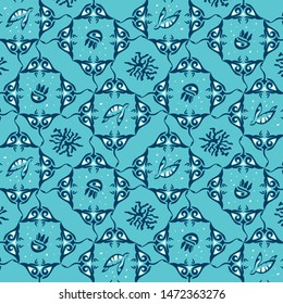 This is a tribal pattern design with manta ray, sea turtle, jellyfish, and coral. Good for background, batik pattern, and more.