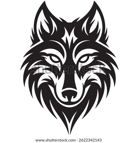 This tribal wolf head tattoo design showcases sharp lines and bold black ink in a symmetrical pattern, capturing the essence of the wolf's power, wisdom, and independence