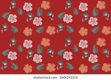 This tropical floral pattern features hibiscus flowers and lush leaves on a rich red background. Perfect for fabric, fashion, home décor, and digital projects. Its seamless design adds a stylish, exot