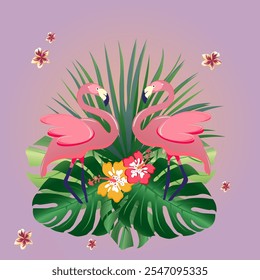 This tropical-themed illustration features two pink flamingos facing each other, surrounded by lush green foliage. The centerpiece is formed by large monstera leaves and vibrant flowers in shades of y