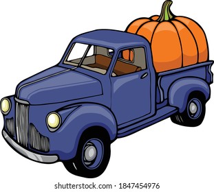 This truck has the largest pumpkin in the patch   This piece clipart features classic 1950s truck and massive pumpkin in the bed  