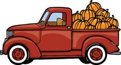 This Truck Is Leaving The Pumpkin Patch To Deliver Some Fresh Pumpkins.  This Illustration Features A Side View Of A Truck Filled With Pumpkins.