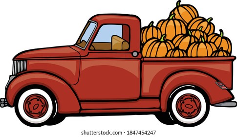 This truck is leaving the pumpkin patch to deliver some fresh pumpkins   This illustration features side view truck filled and pumpkins 