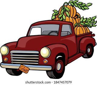 This truck is leaving the pumpkin patch to deliver some fresh pumpkins.  This illustration features a side view of a truck filled with pumpkins.