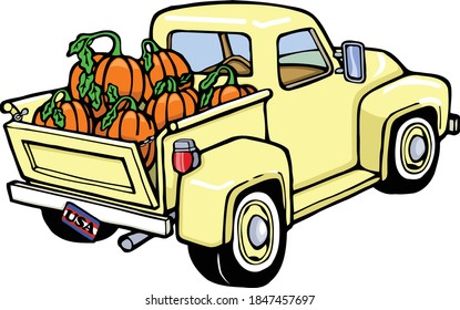 This truck is leaving the pumpkin patch to deliver some fresh pumpkins   This illustration features side view truck filled and pumpkins 