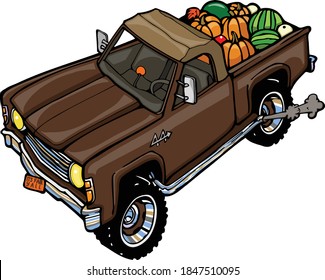 This truck is leaving the pumpkin patch to deliver some fresh pumpkins.  This illustration features a side view of a truck filled with pumpkins.