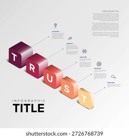 Esta Plantilla de infografía de confianza presenta bloques 3D de confianza de ortografía con Gradientes coloridos. Cada bloque en la infografía de confianza conduce a descripciones de texto detalladas e iconos de negocios.
