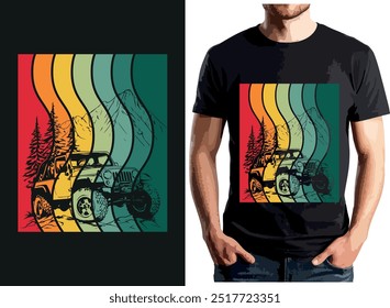 This t-shirt design features the bold phrase Colorful off-road vehicle on a mountainous backdrop.