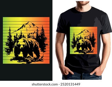 Este design de t-shirt apresenta uma silhueta de urso ousado contra um pano de fundo de árvores e montanhas, emoldurado com listras de gradiente vibrante. Perfeito para os amantes da natureza.