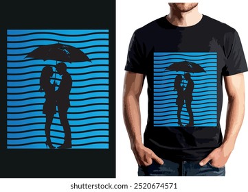 This t-shirt design showcases a romantic couple under an umbrella in silhouette, framed by wavy blue lines, perfect for expressing love and connection.