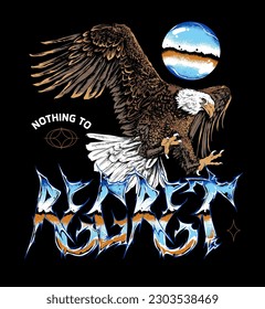 This t-shirt print design features a vector illustration of an eagle, complemented by typography with a sleek chrome finish and a gritty metal grunge style