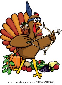 This turkey is on the  hunt for a delicious thanksgiving dinner.  This illustration features a native American cartoon turkey holding a bow and arrow.