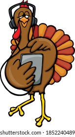 This turkey is tunning out the family this thanksgiving with some great tunes.  This illustration features a turkey with headphones and a tablet. 