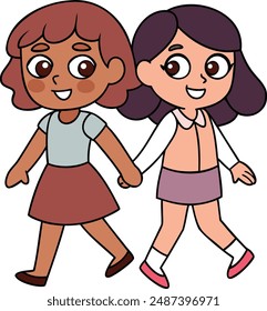 Se trata de dos amigas que unen brazos, caminando junto con brazos entrelazados y caras felices con formato eps de alta calidad 