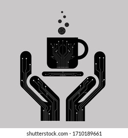 This is are two hands cupping a cup of coffee, the surface are cover by lead pattern on an electronic circuit board. 