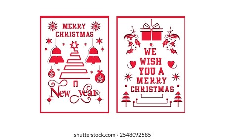 This is a two-layer pink gift card illustration with a Christmas tree, bell, gift box, star, house, leaf, and Merry Christmas and new year text.