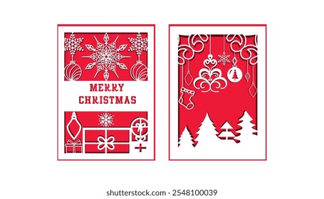 This is a two-layer pink gift card illustration with a Christmas tree, bell, hat, house, leaf, and Merry Christmas text.