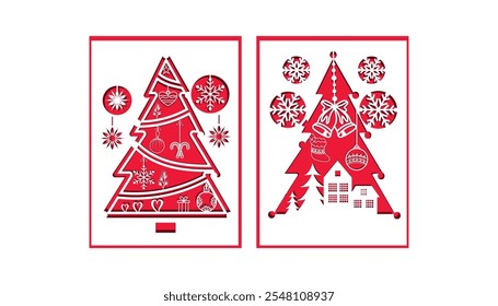 This is a two-layer pink gift card illustration with a Christmas tree, bell, house, leaf, and Merry Christmas snowflake text.