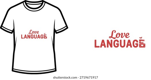 This typography t shirt design features the slogan "Love LANGUAGE" in a stylized format. The word "Love" is presented in a flowing script font, contrasting with the bold, sans-serif lettering of "LANGUAGE". The design includes a small graphic element alongside the text. It is ideal for print-on-demand products like apparel, merchandise, and gifts for Valentine's Day, anniversaries, or celebrating romantic relationships and connections.