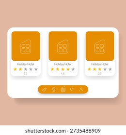 This UI design illustrates hotel rating and review cards for a travel booking application