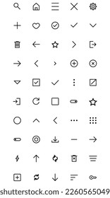 this is a uiux icon, with outline style used for mobile web and other purposes and the elements in the design are arrows, menus, onoff keys, remove and many others