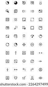 this is a uiux icon, with outline style used for mobile web and other purposes and the elements in the design are arrows, menus, onoff keys, remove and many others
