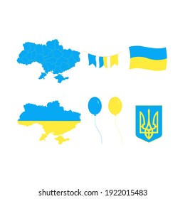 This is a Ukraine map, flag, ribbons, balloons, and national emblem isolated on a white background.