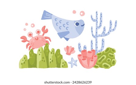 This is Under The Sea set contains ocean scenery high-quality (300dpi), gouache style png. Suitable for art print, t-shirts, packaging, phone cases, brand kit, etc