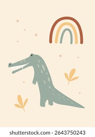 This unique boho crocodile poster adds charm to a nursery with its playful design, featuring a friendly crocodile near a rainbow and colorful leaves, perfect for inspiring imagination.