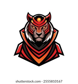 This unique and bold futuristic samurai tiger mascot logo features glowing neon armor, sleek design, and sharp angular stripes, perfect for tech, gaming, or branding purposes.