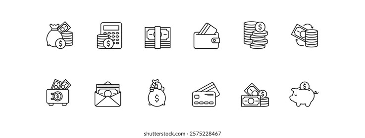 This unique collection of finely crafted thin line icons embodies essential finance concepts like money, savings, loans, and budgeting, designed to enhance your projects. Editable stroke