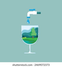 This unique illustration features a water tap pouring crystal-clear water into a drink glass, which magically reveals a picturesque landscape within. 