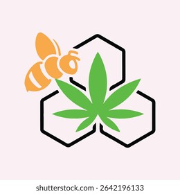 This unique logo features a vibrant yellow bee and a green cannabis (hemp) leaf integrated with bold black honeycomb shapes. It represents a fusion of nature, purity, and wellness—ideal for brands.