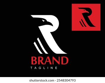 This unique logo of raven head silhouette and letter R, designed in elegant modern style, which the head of raven is formed by negative space of the letter R.