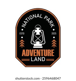 This unique logo showcases Adventure Land National Park, established in 2025, with a lantern and tree design, embodying the spirit of outdoor exploration and adventure.