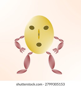 This unique mascot, named SoyRob, features a large, oval-shaped golden-yellow head resembling a bean, complete with a minimalist face. Its limbs are playfully designed using segmented, reddish-brown oval links that mimic the organic pods of a soybean plant, striking a confident stance on a soft gradient background.