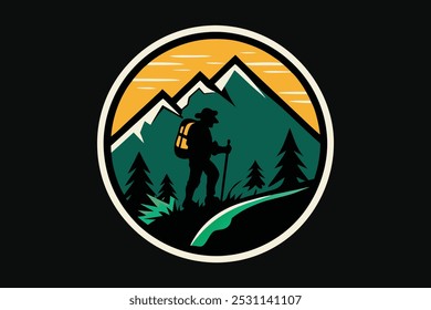 This unique mountain hiking design features a hiker silhouette against a backdrop of majestic mountains and pine trees. Perfect for outdoor enthusiasts, this graphic symbolizes 