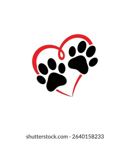 This unique vector illustration features a heart symbol creatively integrated with two paw prints, designed in striking black and red. 