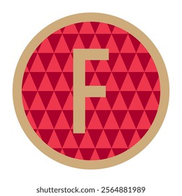 This unique vector image showcases the letter F in gold, beautifully encased in a circular red frame with a triangular pattern. Ideal for creative projects or logos.
