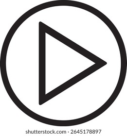 Este é um ícone de botão de reprodução universal, representado em um estilo de arte de linha simples. Um triângulo preto apontando para a direita está perfeitamente centralizado dentro de um círculo preto sobre um fundo branco limpo