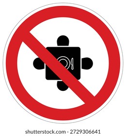 This universal prohibition sign features a table with diners, communicating no eating or gathering rules in public spaces, restaurants, or events.