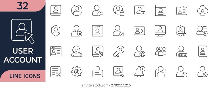 Este conjunto de ícones de linha de conta de usuário. Inclui perfil, logon, configurações, ID, acesso e símbolos de gerenciamento de conta, ideais para aplicativos, painéis, interface de usuário da Web e interfaces digitais.