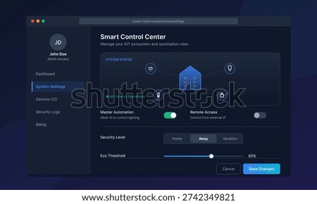 This user interface design features a smart home control center with system status icons, automation settings, security levels, and an eco threshold slider on a dark background.
